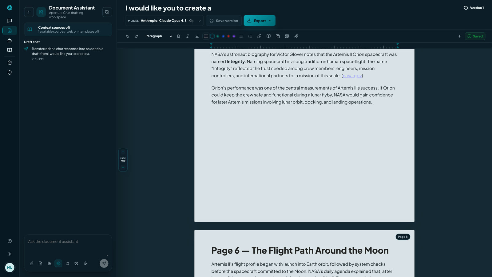 Drafting workspace with a paginated document